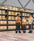 Three Pack Heavy Duty Metal Garage Shelving Unit Five Tier Steel Storage Rack in a warehouse setting with workers