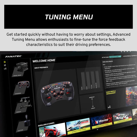 Sim Racing CSL DD QR2 Wheel Base With 5 Nm Direct Drive, Pro Grade Dynamic Force Feedback, QR2 Quick-Release System, Passively Cooled Aluminum Housing, PC Compatible Direct Drive Base For Ultra Responsive Precision tuning menu screen