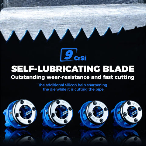 Close-up of All In One Ratcheting Pipe Threader Kit With 6 NPT Dies 1/4 Inch To 1-1/4 Inch highlighting self-lubricating blade