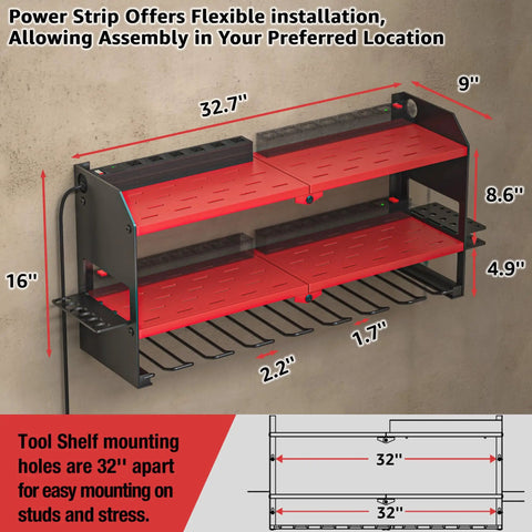 Power Tool Organizer With Charging Station Wall Mount For Garage, Cordless Drill And Battery Holder, Heavy Duty Tool Shelf Rack In Red