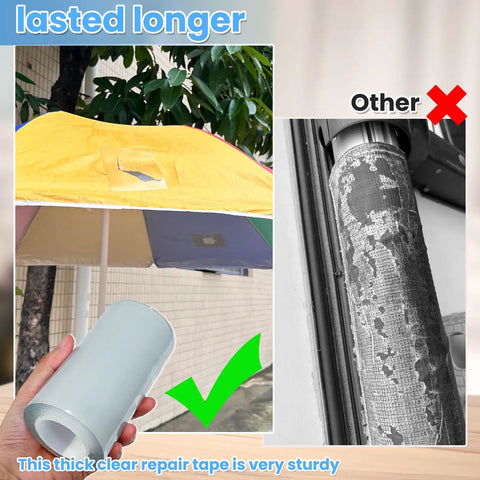 Kickass Clear Heavy Duty Repair Tape For Motorhome Roof Tent Boat Awning Fabric Waterproof Reinforced Adhesive Strip shown fixing a canopy tear.