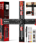All In One 4 In 1 Drilling Positioning Scribing Ruler For DIY Pros with T Square and Carpenter Pencil displayed with accessories.