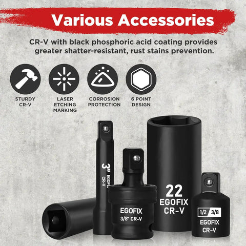Various accessories of 3/8 Inch Drive Impact Socket Set, 90 Piece Metric Socket Kit With 6 Point Sockets 6-22mm And SAE 5/16-15/16.