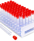 50 Pack Clear Plastic Test Tubes 16x100mm With Red Caps And Blue Rack Holder For Nurse Party Decor And Halloween Favors