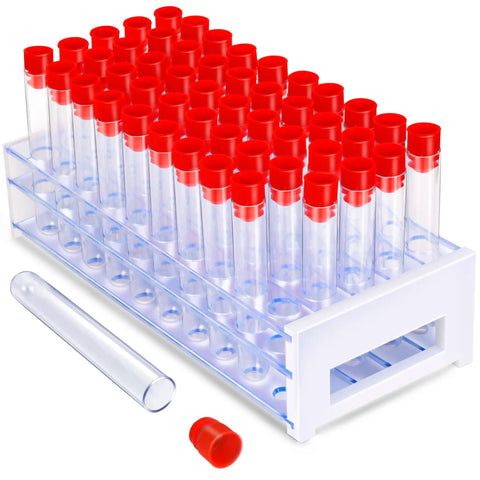 50 Pack Clear Plastic Test Tubes 16x100mm With Red Caps And Blue Rack Holder For Nurse Party Decor And Halloween Favors
