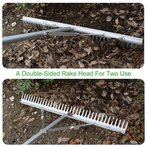 Double-sided rake head on the 36 Inch Aluminum Landscape Rake With 67 Inch Handle for fast lawn care and yard maintenance.