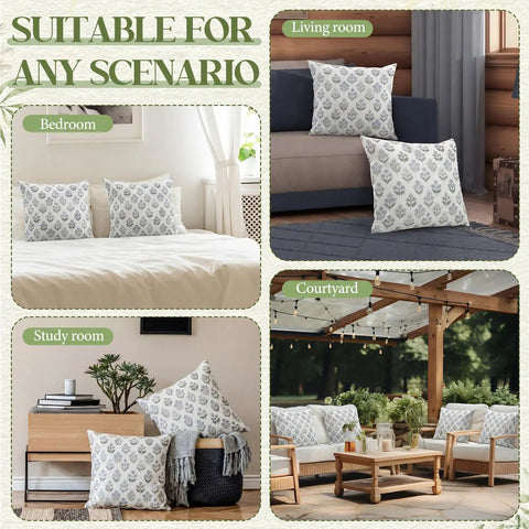 4 Pack 18x18 Inch Blue Green Block Print Pillow Covers Double Sided Vintage Spring Floral Boho Linen Pillowcases For Farmhouse Sofa Couch Outdoor Patio Decor Cozy Up Your Living Space With Cheerful Garden Vibes in bedroom, living room, study, and courtyard