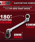 Double End Flexible Head Ratcheting Wrench 13mm And 15mm Set With 180 Degree Pivot on red background with pivoting heads.
