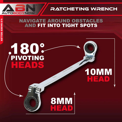 Double End Flexible Head Ratcheting Wrench 13mm And 15mm Set With 180 Degree Pivot on red background with pivoting heads.