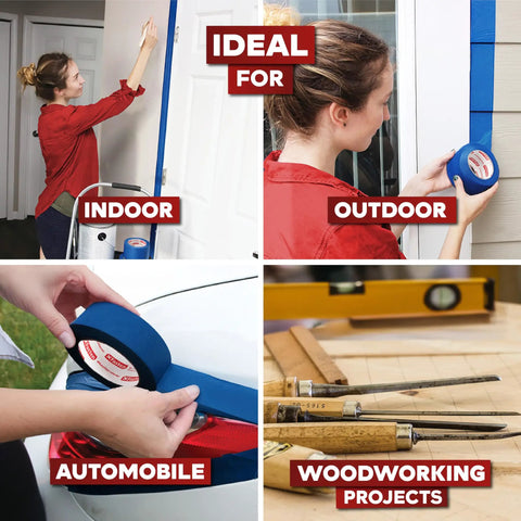Various uses for Blue Painter Tape Bulk 1.88 Inch by 60 Yards 24 Pack 1440 Yards Total Sharp Edge Line Technology, including indoor and outdoor projects.