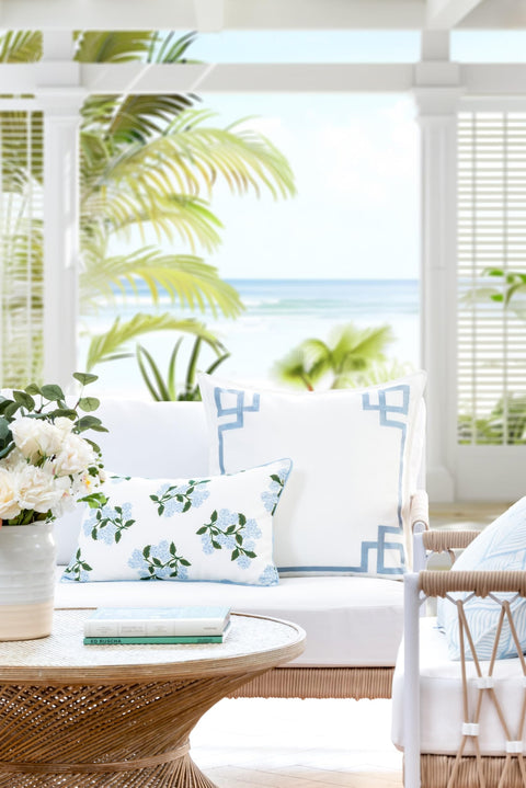 Coastal Patio Lumbar Pillow Cover 12x20 Water Repellent Outdoor Indoor Cushion Cover With Baby Blue Hydrangea Print On White