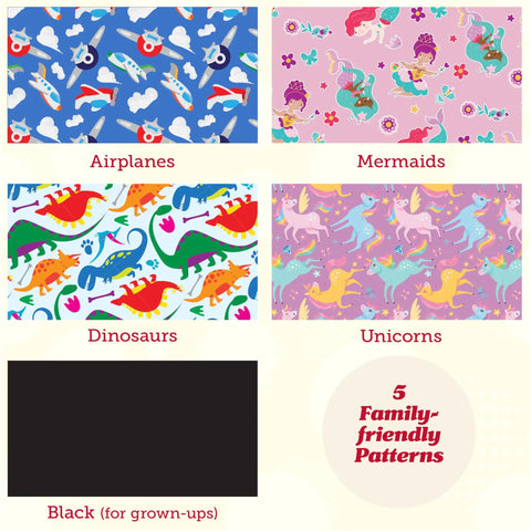 Five family-friendly patterns including airplanes, mermaids, dinosaurs, unicorns, and black for Kids Airplane Tray Table Cover