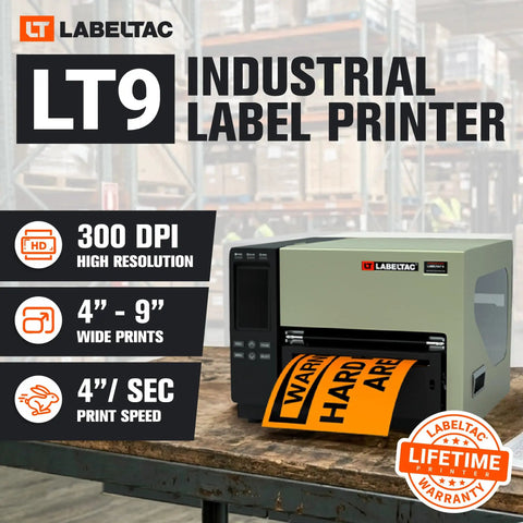 Transform Your Workspace Into A Full Setup Using This Heavy Duty Wide Format Thermal Label Printer To Knock Out Pro Level 4 To 9 Inch Signs All Week Long. LT9 industrial label printer printing 4 to 9 inch labels.