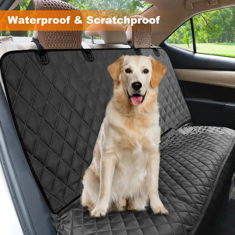 Waterproof Nonslip Pet Bench Seat Cover For Cars And SUVs with a dog sitting, showcasing scratchproof durable fabric, 52 inches wide