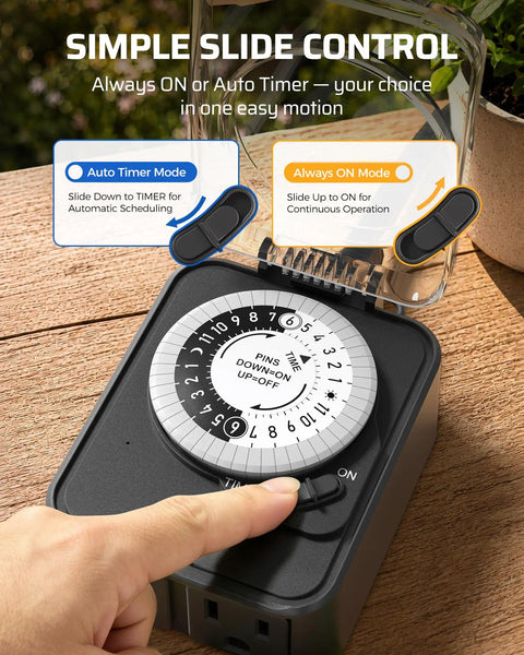 Solid 24 Hour Mechanical Timer Outlet Featuring Dual Grounded Outlets And 15 Amp Capacity For Yard Work Plug And Play Daily Timers with simple slide control for ON or Timer modes.