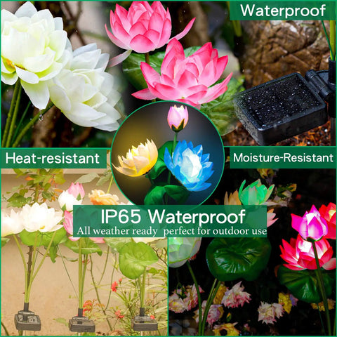 Solar Lotus Flower Lights 4 Pack For Garden And Patio Outdoor Yard Decor 7 Color Changing Lamps shown with IP65 waterproof design