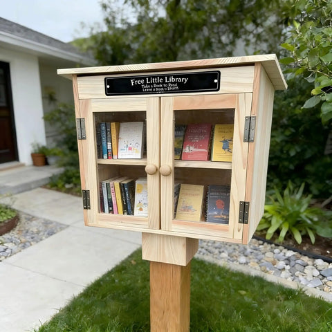 Outdoor Little Library Box with stand and nameplate, clear doors, situated in garden, natural wood finish, books visible inside