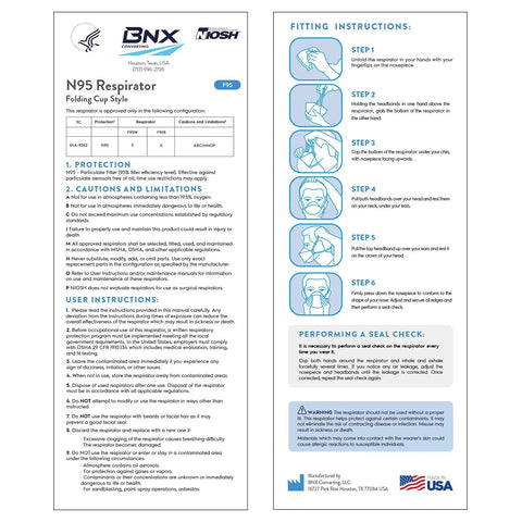 Instructions and safety guidelines for NIOSH Approved N95 Respirator Mask Made In USA Tri Fold Cup Style Particulate Face Mask 95 Percent Filtration For Non Oil Based Particles White 10 Pack.