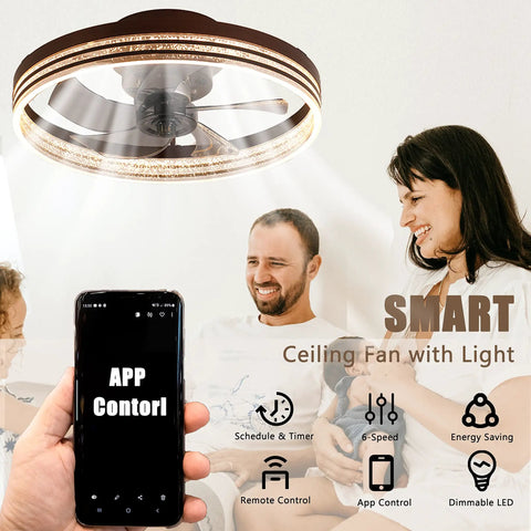 Smart Low Profile Bladeless Ceiling Fan With Lights 19.7 Inch Flush Mount Dimmable Three Color Temperature LED App Or Remote Control