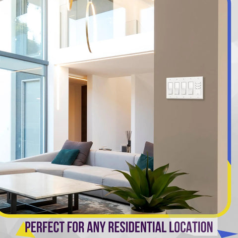 Decorator Light Switch and Receptacle Wall Plate in white 5-gang gloss finish on living room wall in modern home