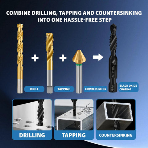 Combo Drill Bit And Tap Set For Quick Threading displayed with drill, tap, and countersink bits showing usage such as drilling, tapping.