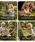 Children using Wooden Bug Catcher Kit For Kids 3 To 8 Ten Piece Durable Outdoor Explorer Set with tools in various nature settings.