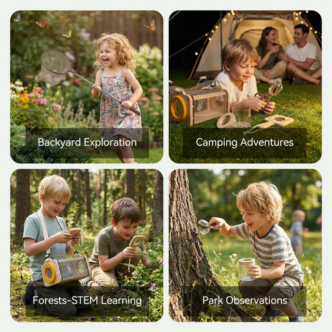 Children using Wooden Bug Catcher Kit For Kids 3 To 8 Ten Piece Durable Outdoor Explorer Set with tools in various nature settings.