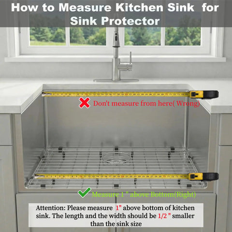Instructions for measuring sink for 26 Inch Kitchen Sink Bottom Grid And Protector with visible measuring tape in kitchen