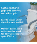 Cushioned grabs on Straight Up Sturdy Toilet Safety Frame With Adjustable Width That Keeps Bath Time Breezy Ergonomic Grab Bars For Elderly And Handicap Post Surgery Recovery Supports Up To 300 Lbs Pack Of Two