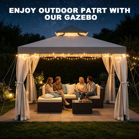 Group enjoying evening under Spacious 10 By 10 Patio Gazebo With Mosquito Netting And Double Roofs Perfect For Backyard Parties And Weekend Hangouts Easy Setup Canopy Shelter For Lawn Use Gray 10x10 Outdoor Garden Shelter illuminated with string lights.