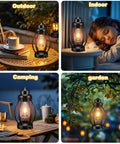 Two Pack Rechargeable Camping Lanterns Battery Operated Hanging Lights for indoor outdoor use, displaying use in various settings.