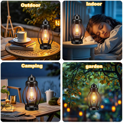 Two Pack Rechargeable Camping Lanterns Battery Operated Hanging Lights for indoor outdoor use, displaying use in various settings.