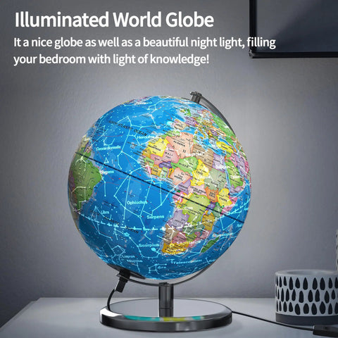 Illuminated World Globe With Stable Metal Base For Kid Friendly Classrooms And Kids, 9 Inch Lighted Globe With LED Night Light