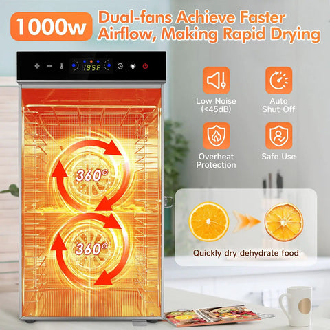 Commercial Grade Food Dehydrator With Eighteen Slick Stainless Steel Trays Dual Airflow Fans Easy Clean Glass Door showing dual fans and digital display.