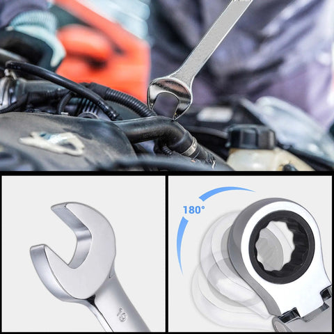 Flexible Ratchet Wrench Set 12 Piece 8 To 19mm Wrenches With Flex Head Gear Ring Chrome Vanadium Steel Durable Chrome Finish