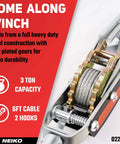 3 Ton Come Along Winch With 9.8 Ft Hand Cable And Dual Gear System For Heavy Duty Pulling 6,000 Lbs Capacity Two Hooks Automotive Hoist