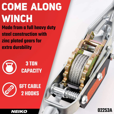 3 Ton Come Along Winch With 9.8 Ft Hand Cable And Dual Gear System For Heavy Duty Pulling 6,000 Lbs Capacity Two Hooks Automotive Hoist