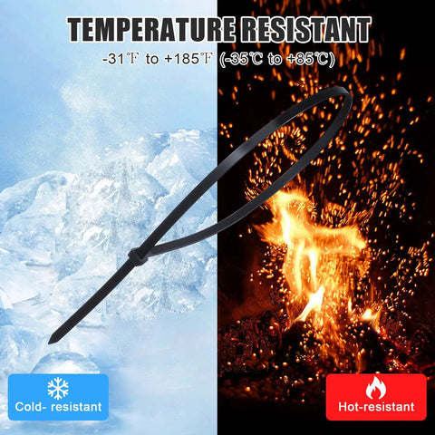 Beefy Heavy Duty 24 Inch Nylon Cable Ties shown in cold and hot temperature settings highlighting temperature resistance.