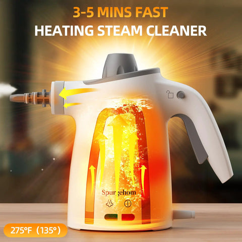 Heavy Duty High Pressure Steam Cleaner 1050 Watt Fast Heating Multi Surface Steamer with visible steam emission.