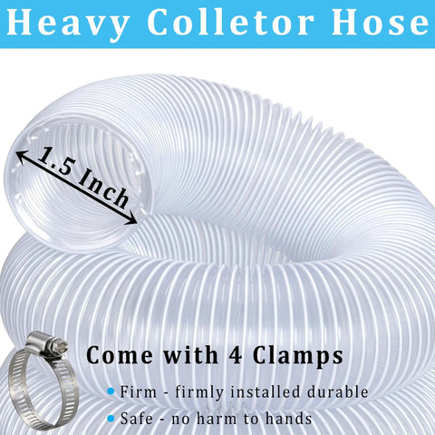 Heavy Duty Dust Collection Hose One And A Half Inch By Five Foot PVC Collector Hose With Clamps For Shop Dust Collection showcased in coil with clamp.