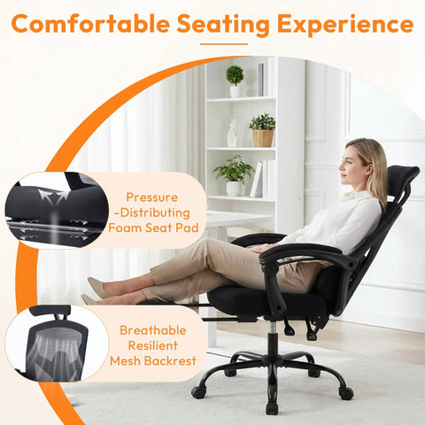 Woman reclining in Comfy High Back Mesh Desk Chair With Foot Rest And Wheels For Ergonomic Support, Reclining Gaming Chair With Headrest