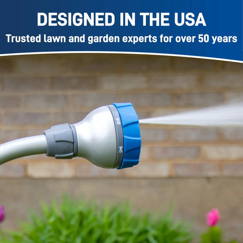 Elevated 14 Inch Hose End Watering Wand With Seven Pattern Spray And No Fuss Thumb Flow Control in use