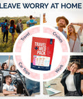 Travel Medicine Pack 78-piece TSA-friendly kit by Amazon; red box with white text surrounded by travel scenes