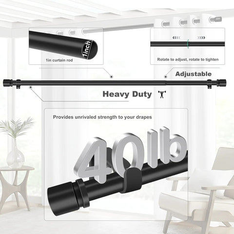 Heavy Duty Black Curtain Rod Set With Adjustable Length From 32 To 58 Inches, 1 Inch Diameter, Rustproof Metal Pole And Brackets