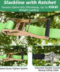 Ultimate Zip Line Kit For Kids And Adults Outdoor 80 Ft Quick Tighten Backyard Setup Up To 500 Lbs showing green ratchet tightener