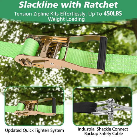 Ultimate Zip Line Kit For Kids And Adults Outdoor 80 Ft Quick Tighten Backyard Setup Up To 500 Lbs showing green ratchet tightener