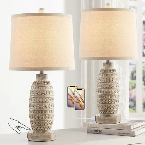 Rustic Dual USB Table Lamps Set Of 2 For Bedroom And Living Room 3 Way Dimmable Nightstand Lamps With Linen Fabric Shades Built In USB Ports Modern Classic Lighting Includes LED Bulbs on a table with phones charging in USB ports.