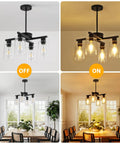 Four Light Black Farmhouse Chandelier With Adjustable Height Pendant Lighting For Dining Rooms, shown off and on in a dining space.