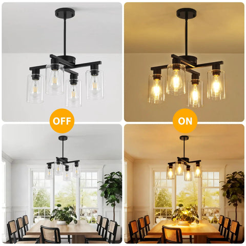 Four Light Black Farmhouse Chandelier With Adjustable Height Pendant Lighting For Dining Rooms, shown off and on in a dining space.