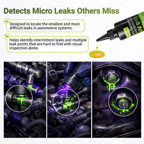Easy Find Automotive Uv Leak Detector Dye Kit With Bright Glow Tracer Quick Catch showing micro leak detection in automotive systems.